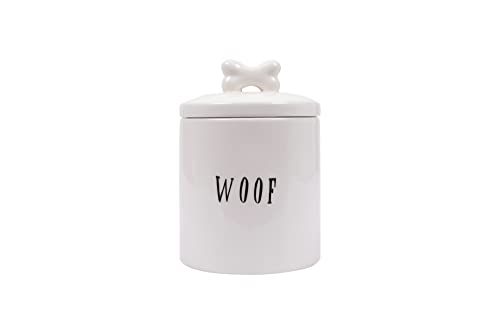 Creative Co-Op Farmhouse Ceramic Jar with "Woof" Message and Lid with Bone, White and Black