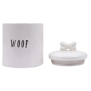 Creative Co-Op Farmhouse Ceramic Jar with "Woof" Message and Lid with Bone, White and Black