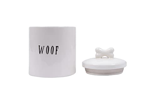 Creative Co-Op Farmhouse Ceramic Jar with "Woof" Message and Lid with Bone, White and Black