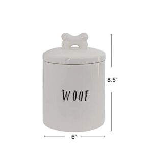 Creative Co-Op Farmhouse Ceramic Jar with "Woof" Message and Lid with Bone, White and Black