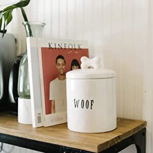 Creative Co-Op Farmhouse Ceramic Jar with "Woof" Message and Lid with Bone, White and Black