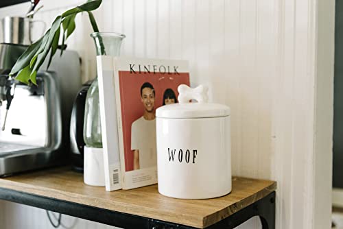 Creative Co-Op Farmhouse Ceramic Jar with "Woof" Message and Lid with Bone, White and Black