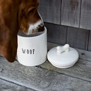 Creative Co-Op Farmhouse Ceramic Jar with "Woof" Message and Lid with Bone, White and Black