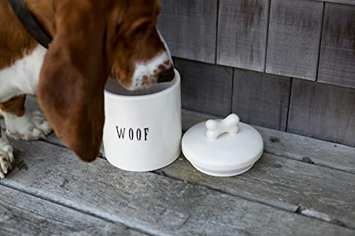 Creative Co-Op Farmhouse Ceramic Jar with "Woof" Message and Lid with Bone, White and Black