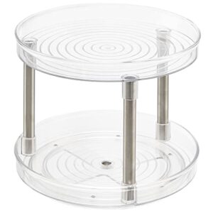 mDesign Plastic Spinning 2-Tier Lazy Susan Turntable Storage Tray - Rotating Organizer for Bathroom Vanity Counter Tops, Under Sink, Closets, Dressers - Clear/Chrome