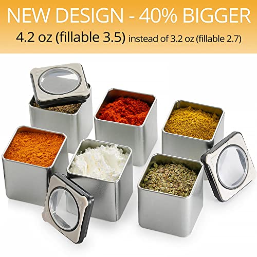 bixie Magnetic Spice Tin Jars – Home pack | 6x Rectangle 4.2 oz Refrigerator Stainless Steel Containers for Herbs and Spices