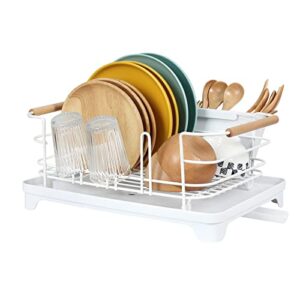 brian & dany dish drying rack, dish racks for kitchen counter, stainless steel dish drainer with cutlery holder & drainboard, 15.5″x 11.8″x 8.58″, white