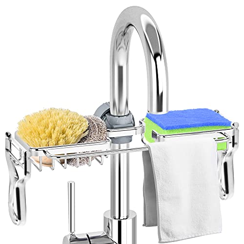 Arrozon Sponge Holder for Kitchen Sink,Kitchen Sink Sponge Holder 304 Stainless Steel Faucet Rack for Kitchen Bathroom Accessories Compatible with Faucets 0.78-1.12 Inches in Diameter（Sliver）