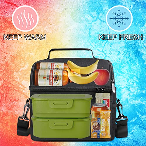 Dual Compartment Lunch Bag for Women Men, Reusable Insulated Lunch Bags Leakproof Large Lunch Box Cooler Tote Bag with Adjustable Shoulder Strap for Office Work School Picnic Hiking Beach Party, Black