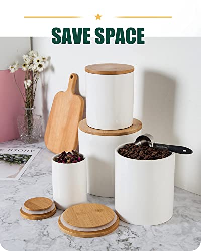 Lareina Ceramic Large Food Storage Canister with Airtight Seal Bamboo Lid, Utensil Holder 82.12 FL OZ (2450 ML) White Cookie Jar for Home and Kitchen Serving for Coffee, Sugar, Tea, Flour and More