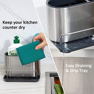 Stainless Steel Sink Caddy, Trendy Kitchen Sink Organizer for Countertop, Sponge Holder & Dish Brush Holder with Drain Tray