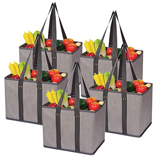 5 Pack Large Reusable Grocery Bags Foldable Durable Heavy Duty Tote Bag Set Eco Friendly Collapsible Shopping Cart Boxes Storage Bins Cubes with Long Handles Reinforced Bottom