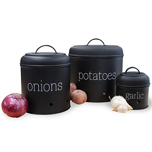 AuldHome Potatoes, Onions and Garlic Canister Set (Black); Contemporary Vegetable Storage Containers