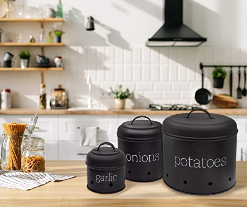 AuldHome Potatoes, Onions and Garlic Canister Set (Black); Contemporary Vegetable Storage Containers