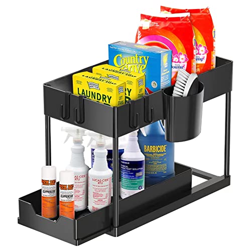 Under Sink Organizers and Storage 2 Tier Under Cabinet Organizer Bathroom Under Sink Storage for Kitchen with Sliding Drawers, Hooks, Multi-purpose Pull Out Under the Sink Organizer and Storage