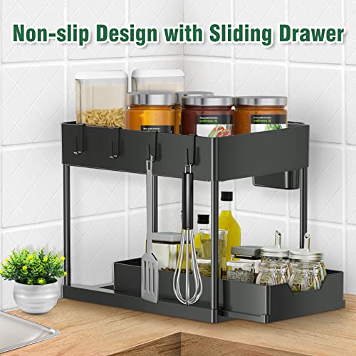 Under Sink Organizers and Storage 2 Tier Under Cabinet Organizer Bathroom Under Sink Storage for Kitchen with Sliding Drawers, Hooks, Multi-purpose Pull Out Under the Sink Organizer and Storage