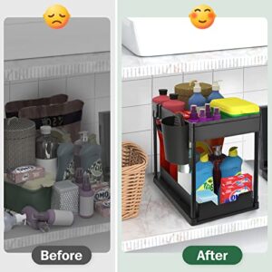 Under Sink Organizers and Storage 2 Tier Under Cabinet Organizer Bathroom Under Sink Storage for Kitchen with Sliding Drawers, Hooks, Multi-purpose Pull Out Under the Sink Organizer and Storage