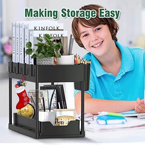 Under Sink Organizers and Storage 2 Tier Under Cabinet Organizer Bathroom Under Sink Storage for Kitchen with Sliding Drawers, Hooks, Multi-purpose Pull Out Under the Sink Organizer and Storage