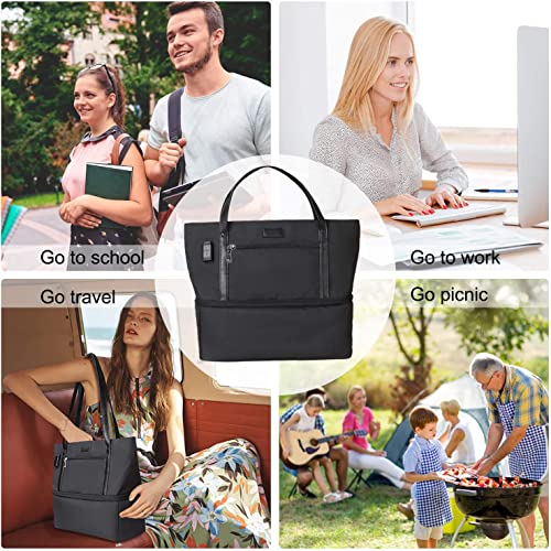 MONSTINA Lunch Tote Bag for Women Men,Large 2 Layer Lunch Bag with USB Port Thicken Aluminum Foil Reusable Lunch Box for School Office