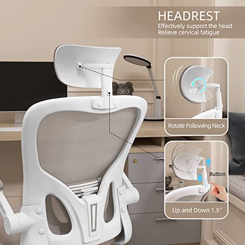 Monhey Ergonomic Office Chair Office Chair with Lumbar Support & Headrest & Flip-up Arms Height Adjustable Rocking Home Office Desk Chairs Swivel High Back Computer Chair Warm Taupe Mesh Study Chair