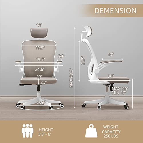 Monhey Ergonomic Office Chair Office Chair with Lumbar Support & Headrest & Flip-up Arms Height Adjustable Rocking Home Office Desk Chairs Swivel High Back Computer Chair Warm Taupe Mesh Study Chair