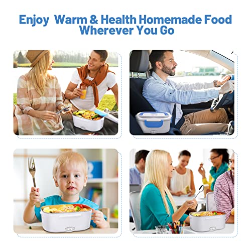 Electric Lunch Box Food Heater, Luncheaze Self Heated Lunchbox 60W Portable Microwave for Car/Truck/Home with 12V/24V/110V Cable, 2 Compartments, Stainless Steel Container, Fork & Spoon, Carry Bag