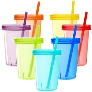 youngever 7 sets plastic kids cups with lids and straws, 7 reusable toddler cups with straws in 7 assorted colors