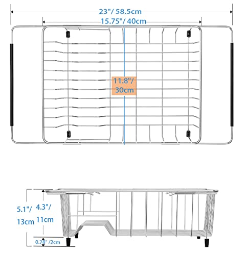 SANNO Expandable Sink Dish Drying Rack, Deep Large Dish Drying Rack with 4 Division Utensil Silverware Cutlery Holder, Dish Drainer Shelf Dish Rack in Sink On Counter, Rustproof Stainless Steel