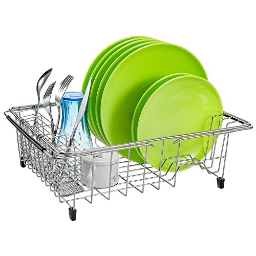 SANNO Expandable Sink Dish Drying Rack, Deep Large Dish Drying Rack with 4 Division Utensil Silverware Cutlery Holder, Dish Drainer Shelf Dish Rack in Sink On Counter, Rustproof Stainless Steel