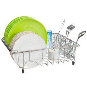 SANNO Expandable Sink Dish Drying Rack, Deep Large Dish Drying Rack with 4 Division Utensil Silverware Cutlery Holder, Dish Drainer Shelf Dish Rack in Sink On Counter, Rustproof Stainless Steel