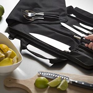 Chef Knife Roll Bag (6 slots) is Padded and Holds 5 Knives PLUS a Protected Pouch for Your Knife Steel! Our Durable Knife Carrier Includes Shoulder Strap, Handle, and Business Card Holder. (Bag Only)