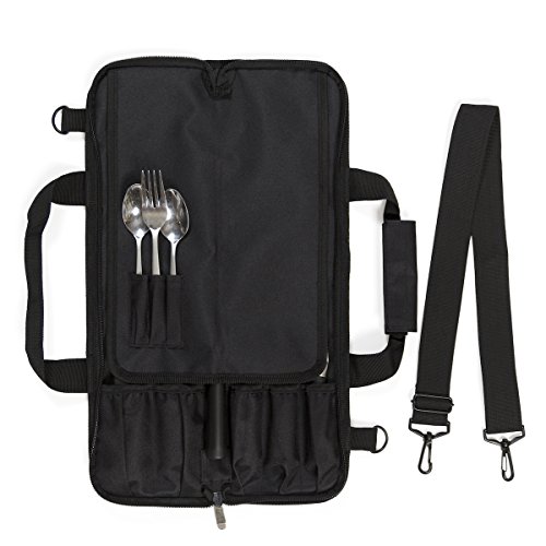 Chef Knife Roll Bag (6 slots) is Padded and Holds 5 Knives PLUS a Protected Pouch for Your Knife Steel! Our Durable Knife Carrier Includes Shoulder Strap, Handle, and Business Card Holder. (Bag Only)