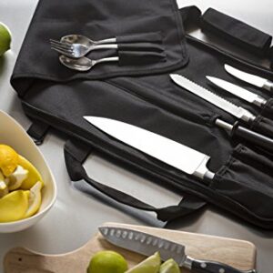 Chef Knife Roll Bag (6 slots) is Padded and Holds 5 Knives PLUS a Protected Pouch for Your Knife Steel! Our Durable Knife Carrier Includes Shoulder Strap, Handle, and Business Card Holder. (Bag Only)