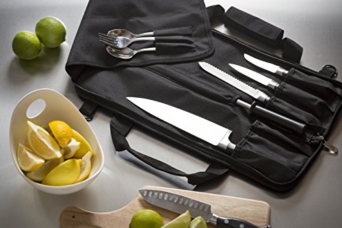 Chef Knife Roll Bag (6 slots) is Padded and Holds 5 Knives PLUS a Protected Pouch for Your Knife Steel! Our Durable Knife Carrier Includes Shoulder Strap, Handle, and Business Card Holder. (Bag Only)