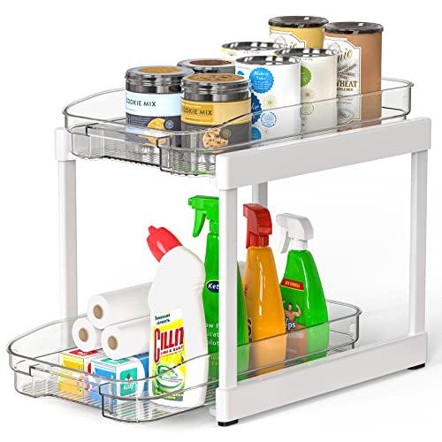 EIOUNIE 2-Tier Under Sink Organizer, Sliding Under Sink Organizers and Storage, Under Cabinet Organizer Baskets with 2 Drawers, Under Sink Storage for Bathroom, Kitchen, Countertop