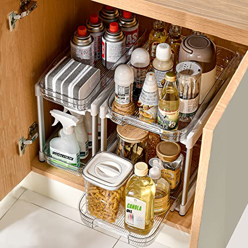 EIOUNIE 2-Tier Under Sink Organizer, Sliding Under Sink Organizers and Storage, Under Cabinet Organizer Baskets with 2 Drawers, Under Sink Storage for Bathroom, Kitchen, Countertop