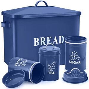 e-far navy blue bread box with canister sets for kitchen countertop, metal storage container holder for farmhouse decor, vintage style & extra large – holds 2+ loaves sugar coffee tea