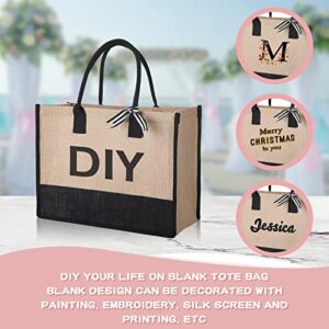 12 Pieces Burlap Tote Bags Set Jute Tote Bag with Handles Initial Canvas Beach Bag Large Reusable Burlap Gift Tote Bag for Women Shopping Market Grocery Holiday Travel DIY Gift Bags