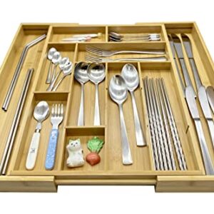 HELIA Bamboo Expandable Drawer Organizer with Movable Dividers | Solid Bamboo Drawer Organizer and Kitchen Utensil Holder for Flatware and Cutlery | Bamboo Utensil Organizer for Kitchen Drawers