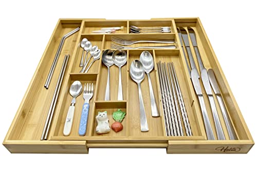 HELIA Bamboo Expandable Drawer Organizer with Movable Dividers | Solid Bamboo Drawer Organizer and Kitchen Utensil Holder for Flatware and Cutlery | Bamboo Utensil Organizer for Kitchen Drawers