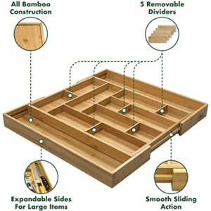 HELIA Bamboo Expandable Drawer Organizer with Movable Dividers | Solid Bamboo Drawer Organizer and Kitchen Utensil Holder for Flatware and Cutlery | Bamboo Utensil Organizer for Kitchen Drawers