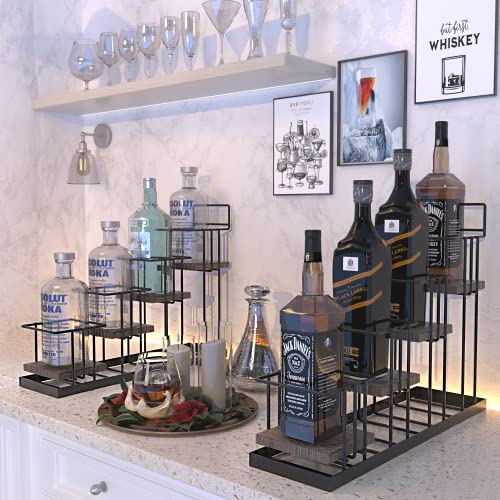 J JACKCUBE DESIGN Syrup Bottle Holder Rack, Rustic Wood and Metal Wire 4 Tier Syrup, Wine, Dressing Bottle Countertop Display Storage Stand for Kitchen Coffee Bar- MK816A