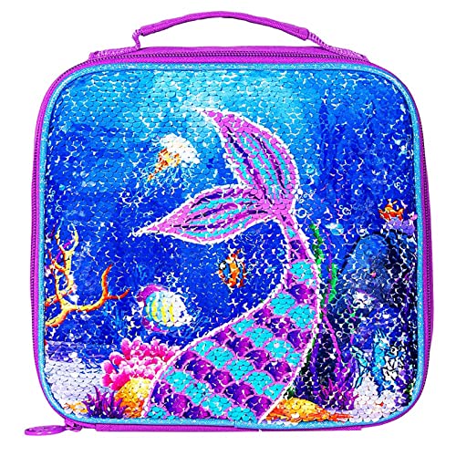 gxtvo Lunch Box for Girls, Mermaid Insulated Bag, Kids Reversible Sequin Flip Color Change