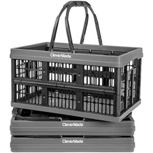 clevermade 16l collapsible reusable plastic grocery shopping baskets; small foldable storage crates with handles, 3 pack, charcoal