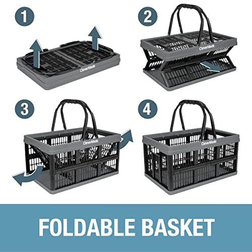 CleverMade 16L Collapsible Reusable Plastic Grocery Shopping Baskets; Small Foldable Storage Crates with Handles, 3 Pack, Charcoal