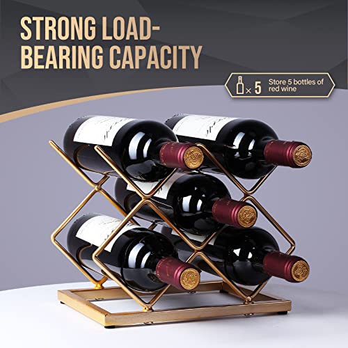 Drincarier Countertop Wine Rack - 5 Bottle Freestanding Modern Gold Metal Small Wine Rack - Tabletop Wine Holder Stand for Cabinet, Pantry, Wine Bottle Storage