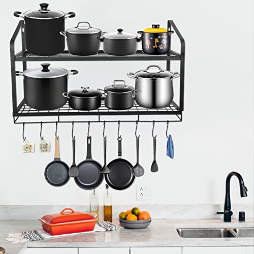 Amtiw Hanging Pot Rack, 2 Tier Pan Rack, Wall Mounted Pot Holders for Kitchen Storage, Pot and Pan Organizer with 10 Hooks, Ideal for Pans Set, Utensils, Cookware, Household