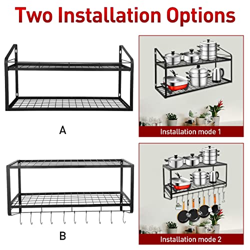 Amtiw Hanging Pot Rack, 2 Tier Pan Rack, Wall Mounted Pot Holders for Kitchen Storage, Pot and Pan Organizer with 10 Hooks, Ideal for Pans Set, Utensils, Cookware, Household