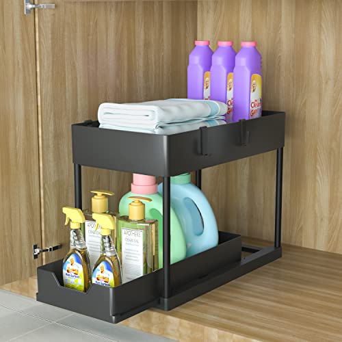 Petisal Under Sink Organizer, Under Bathroom Cabinet Storage 2 Tier Under Sink Storage Rack, Multi-purpose Under Sink Shelf Organizer for Bathroom Kitchen (Black)