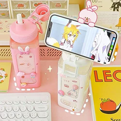 Large Kawaii Water Bottle with Straw and 3D Stickers Cute Aesthetic Bottle Kawaii Milk Bottle Tea Cup Juice Shaker Portable Silicone (700ml/24oz, White)